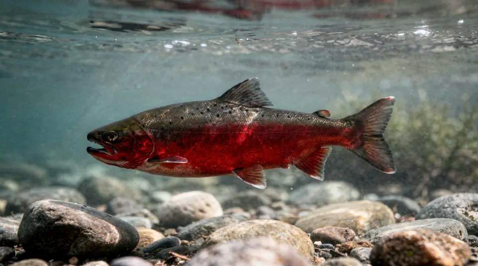A kokanee salmon in red fall spawning color with a green head
