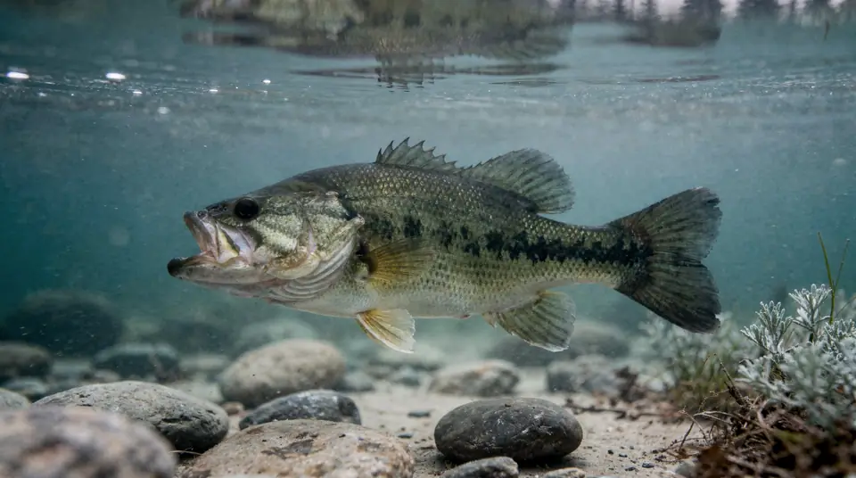 A largemouth bass among water weeds, showing its dark side stripe and big mouth