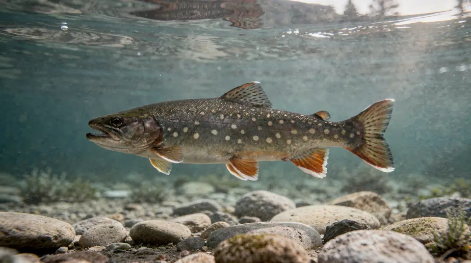 A splake trout with pale spots on a dark body and white-edged fins