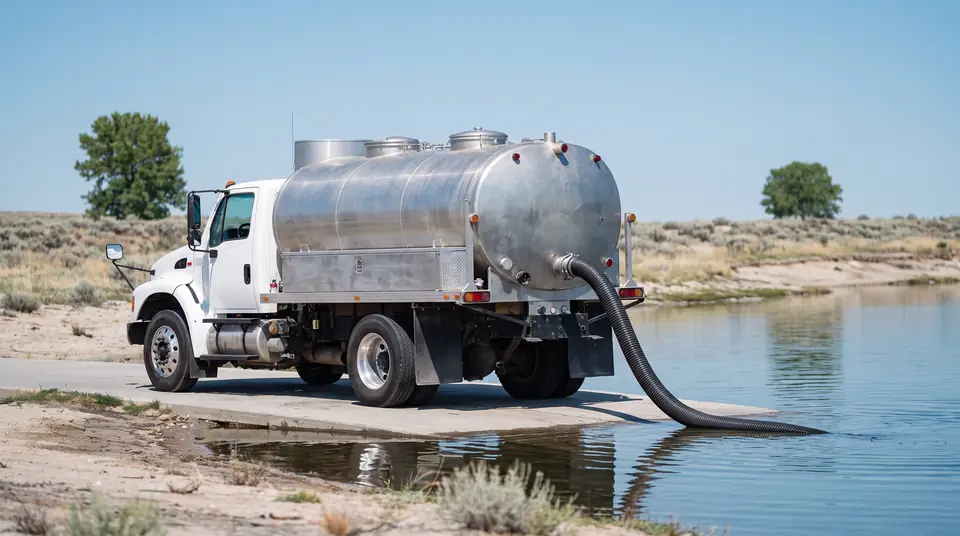 Illustration of a hatchery stocking truck with a discharge hose running into a lake