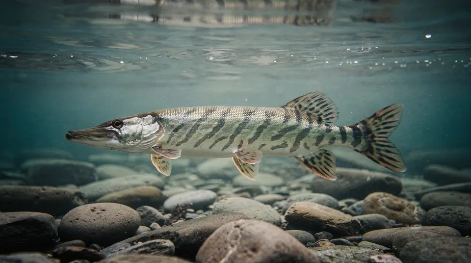 A tiger muskie with a long body, duck-bill snout and dark vertical bars