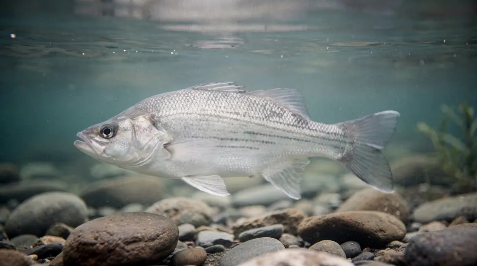 A white bass with thin dark stripes on a silver body
